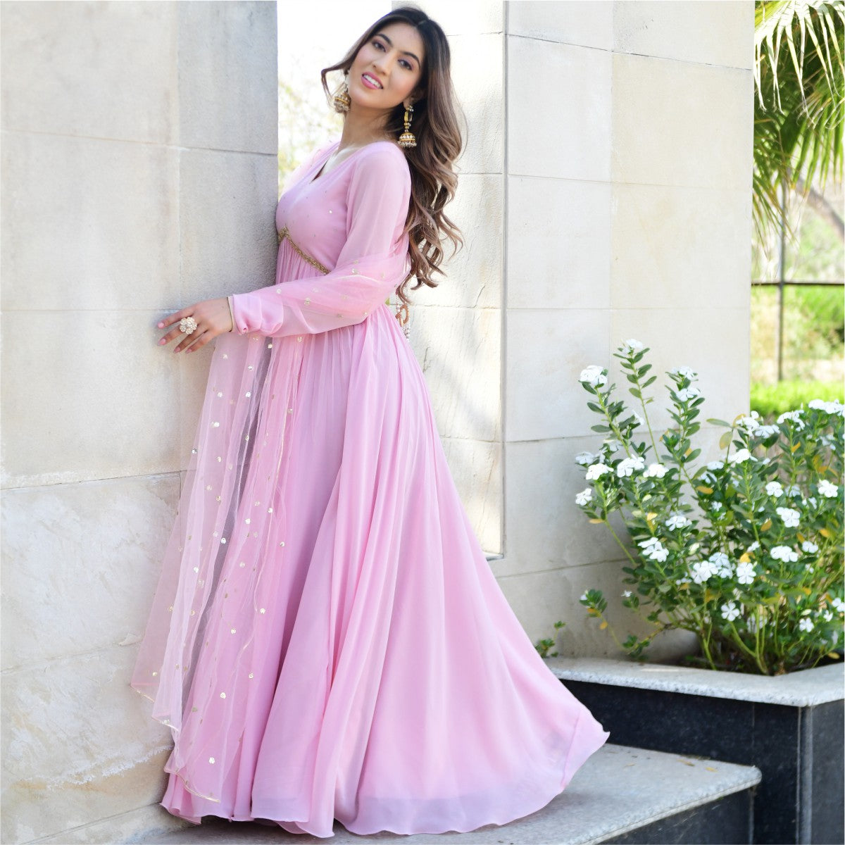 Solid Georgette Maxi Dress with finely Curated Embroidery Dupatta  Buy  online from ShopnSafe