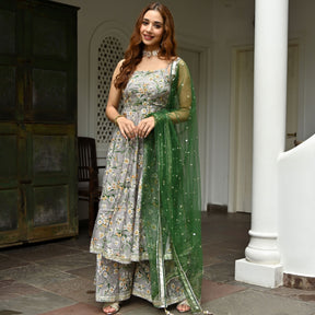 Grey Printed Silk Sharara Set