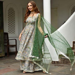 Grey Printed Silk Sharara Set