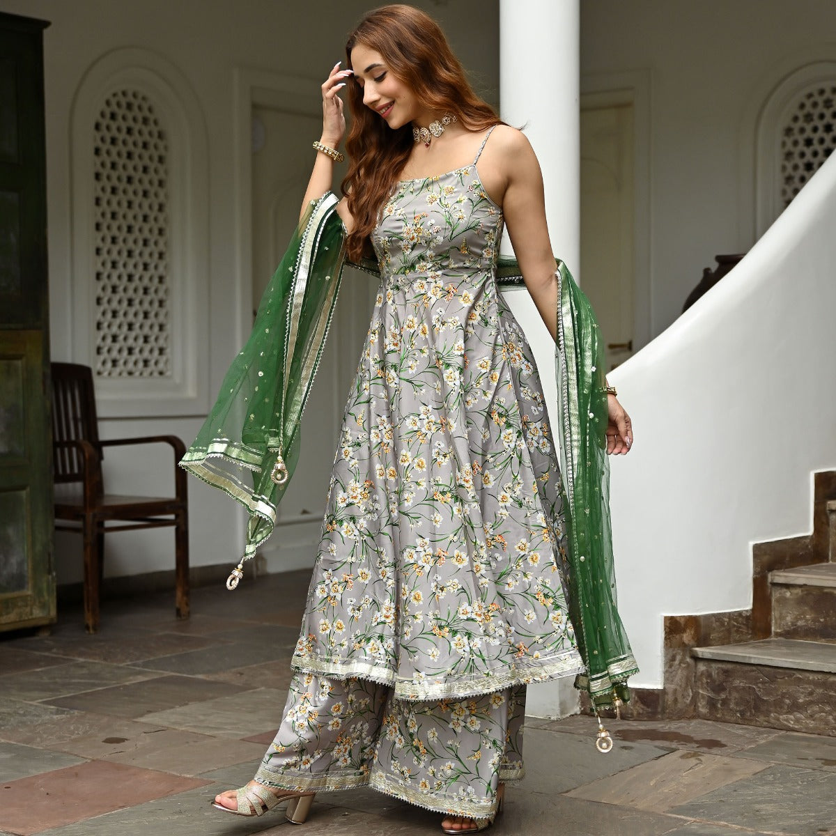 Grey Printed Silk Sharara Set