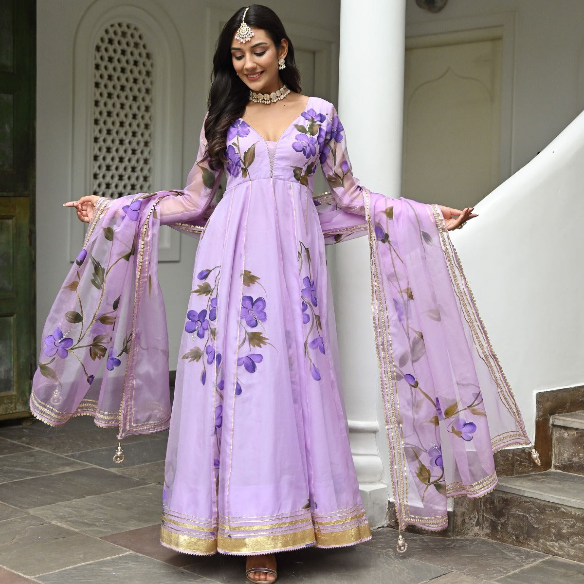 Purple Hand Paint Anarkali Set