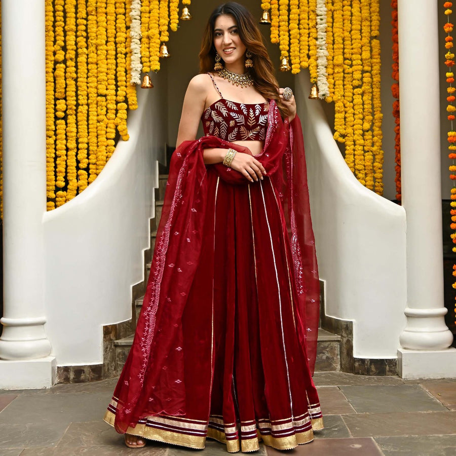 Maroon Velvet Lehenga Set