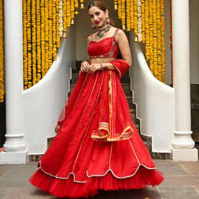 Red Silk Embroidered Lehenga