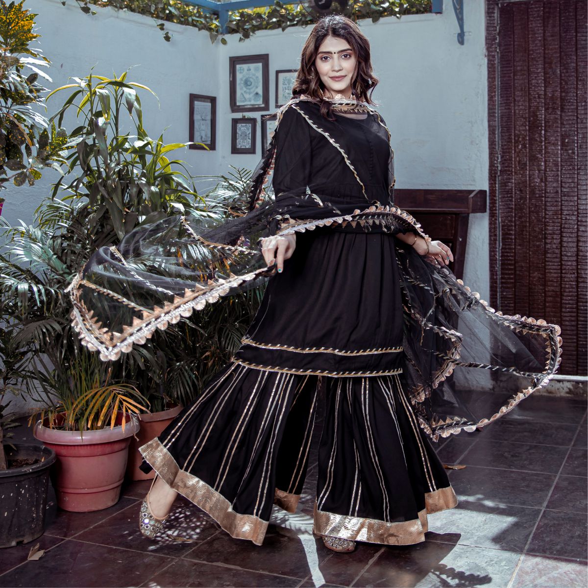 kurta palazzo set online - Black Rayon Sharara Set