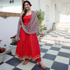 Solid Red Chiffon Anarkali Set